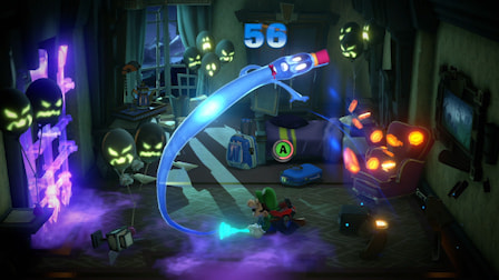 Luigis use Poltergust G-00 to suck up ghosts and slam them to the ground in ScareScraper multiplayer mode.