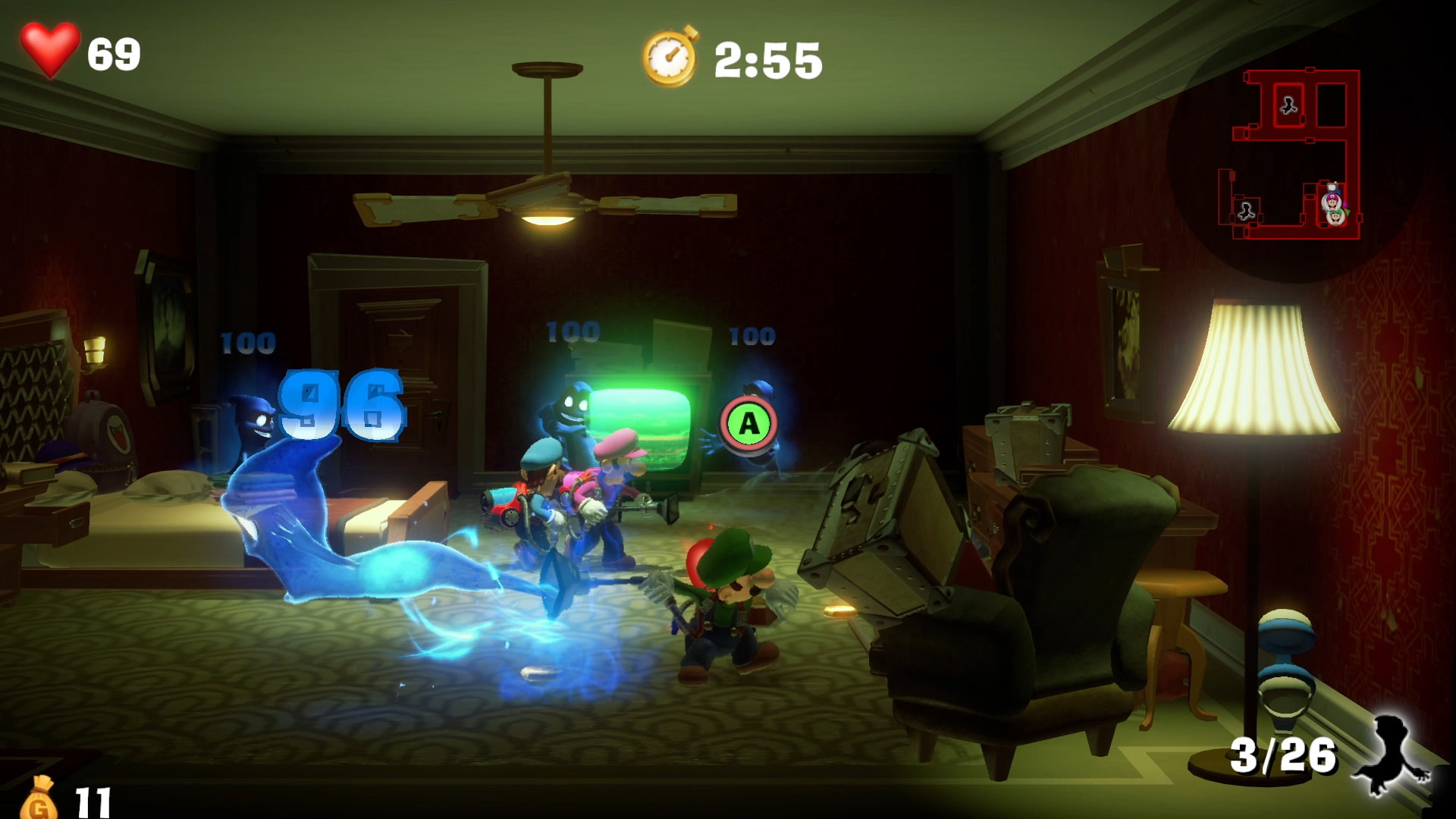 Luigis use Poltergust G-00 to suck up ghosts and slam them to the ground in ScareScraper multiplayer mode.