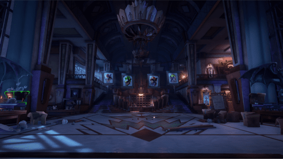 Eerie music plays. Framed pictures of Toad, Luigi, Mario, and Princess Peach hang above the dark, empty lobby. There is an X drawn over each picture. The camera moves from the lobby to an assortment of themed rooms and areas: a hallway lined with framed paintings and musical instruments behind red ropes; an enormous vine growing in an indoor atrium; a banquet room with a feast; a medieval gate; a hallway filled with ghostly framed pictures; a creepy underground lair; a neon disco; and a pyramid in a desert.